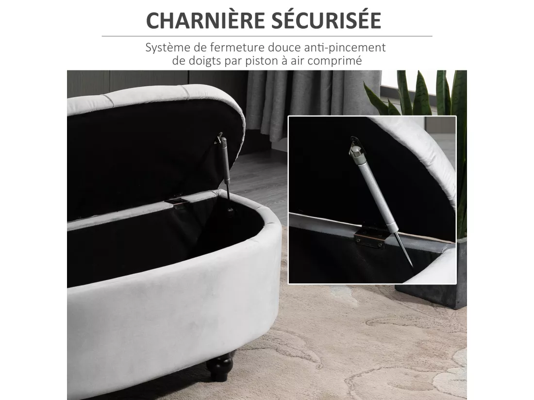 Pouf de rangement coffre 2 en 1 - pouf design classique chic capitonné demi-cercle - pieds bois hévéa noir revêtement velours gris