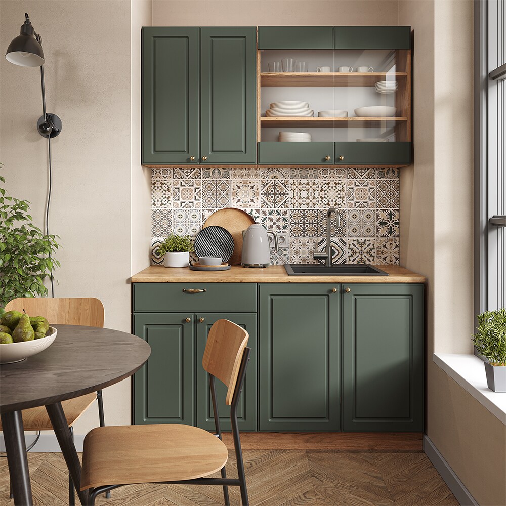 Vicco Küchenzeile Küchenblock Einbauküche Fame-Line Single Landhaus Eiche Grün Gold 140 cm modern Küchen Schränke Spülenunterschrank Schubunterschrank Hängeschrank Hängeglasschrank