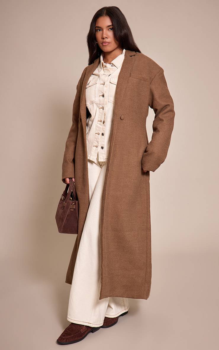 Chocolat Manteau Blazer Long Cinché À La Taille Effet Laine Shape
