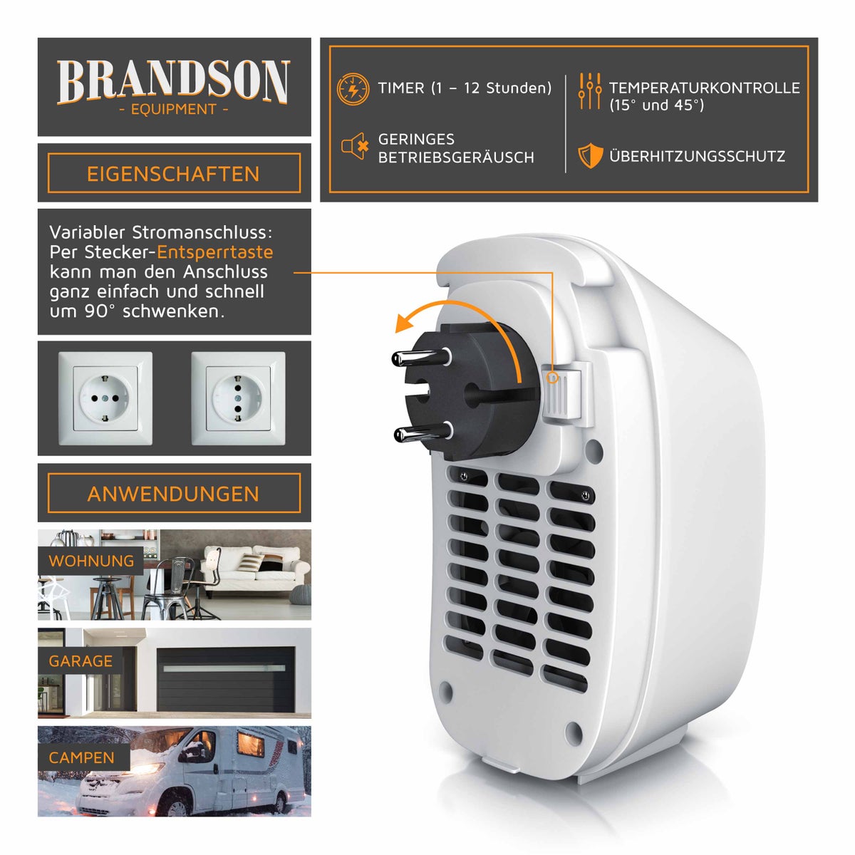 Brandson Plug-in ventilatorkachel met afstandsbediening en timer, 400W ventilatorkachel, oververhittingsbeveiliging, automatische uitschakeling, wit