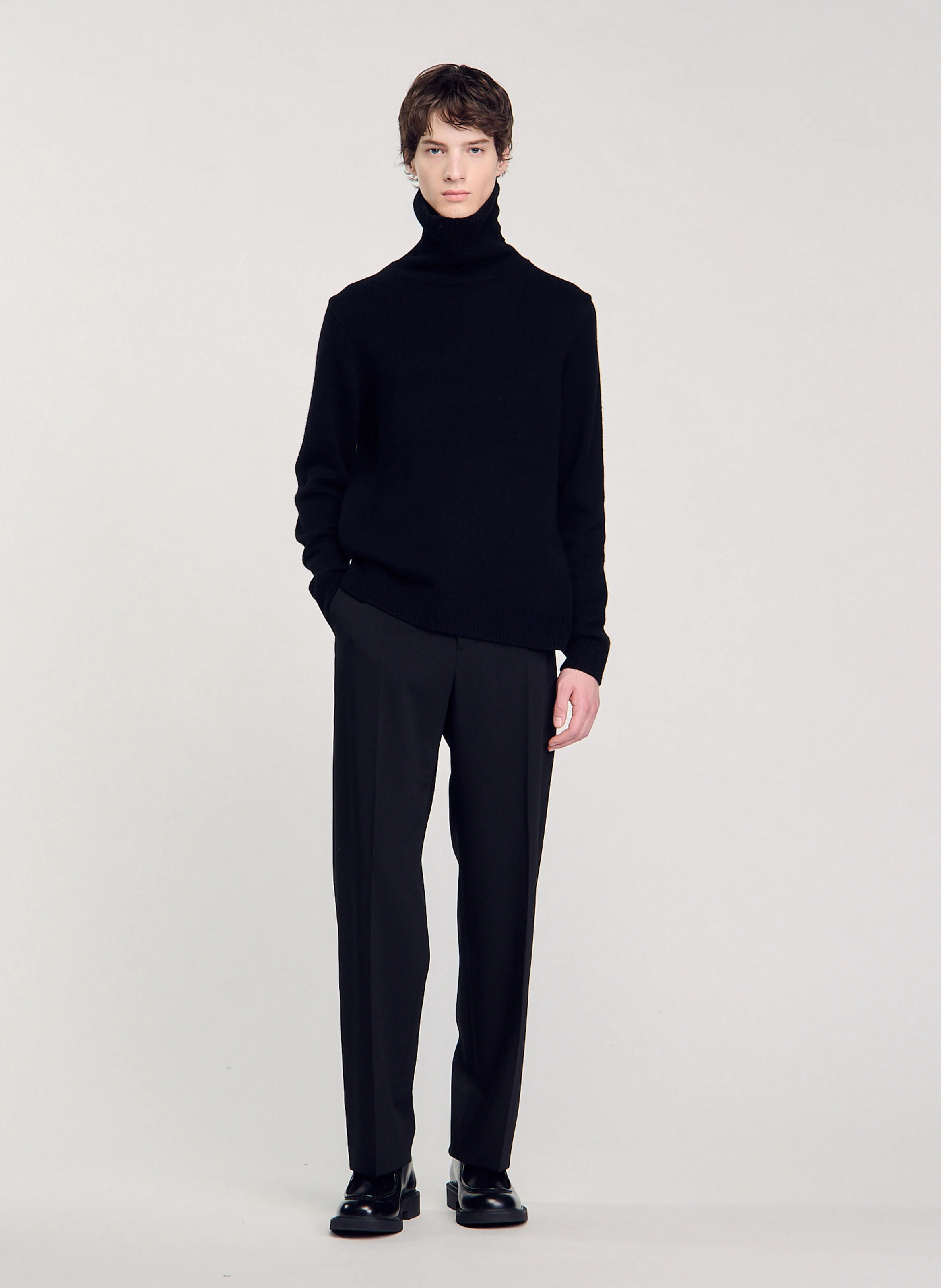 Pantalon droit en laine mélangée | Noir