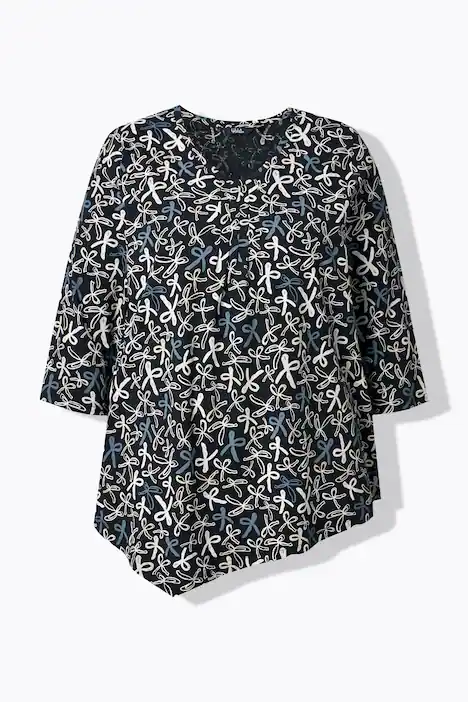 Shirt, Zierfalten, A-Linie, V-Ausschnitt, 3/4-Arm, schwarz