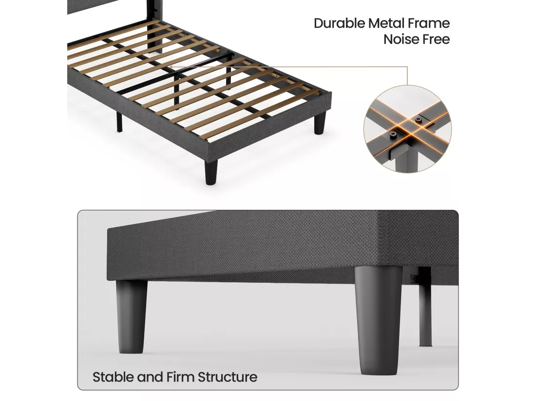 Lit Simple Capitonné 90 x 200 cm avec Tête de Lit pour Rangement Bealife Sommier à Lattes Tissu en Lin Lit Enfant Adolescent Gris Foncé