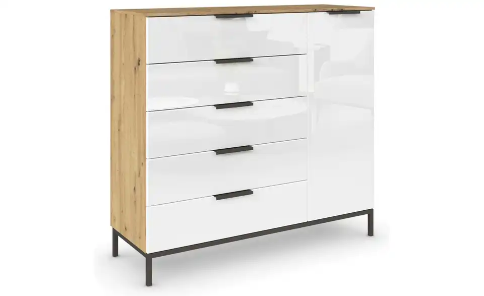 Sideboard Weiß, Eiche Artisan (Nachbildung) Front: Glas, Oberboden: Dekor Graphit