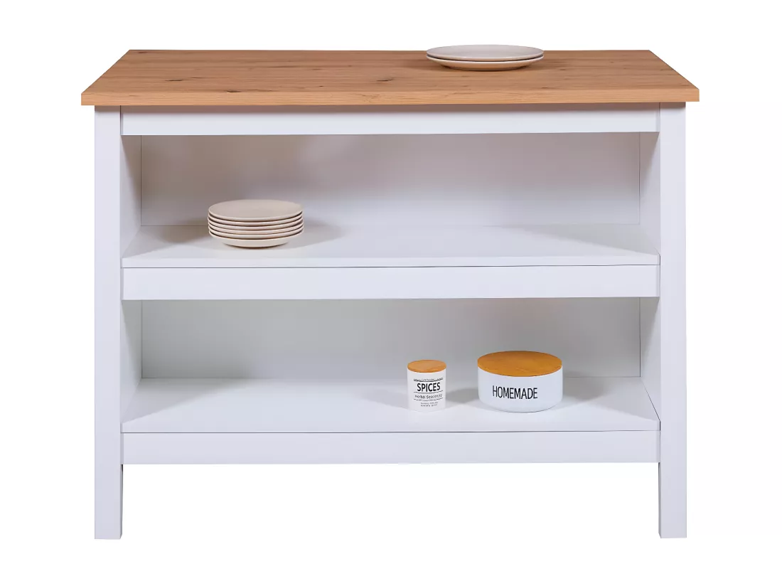 KENNY - Ilot de Cuisine Blanc et Plateau Effet Bois