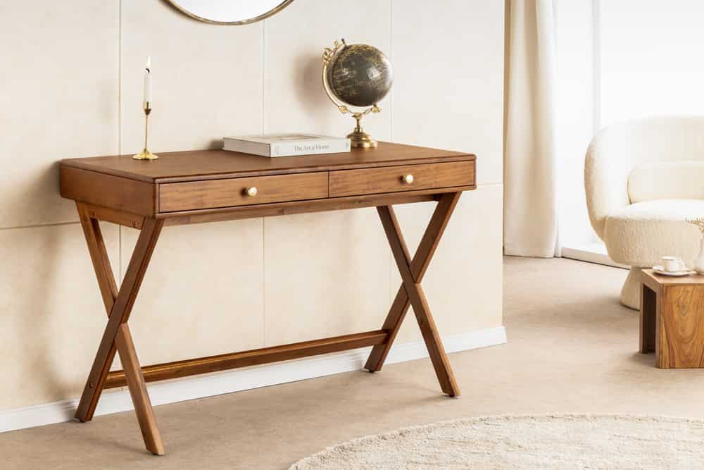 Stilvoller Konsolentisch SECRETARIO 110cm braun Akazie gold mit Schubladen
