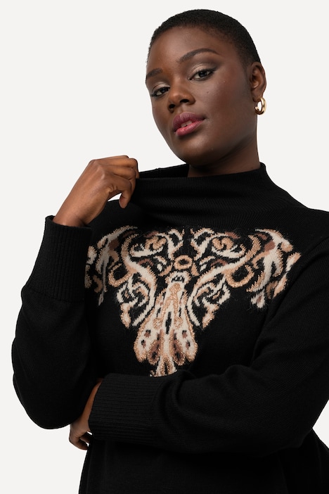 Pullover, goldenes Jacquard-Design, Stehkragen, Langarm