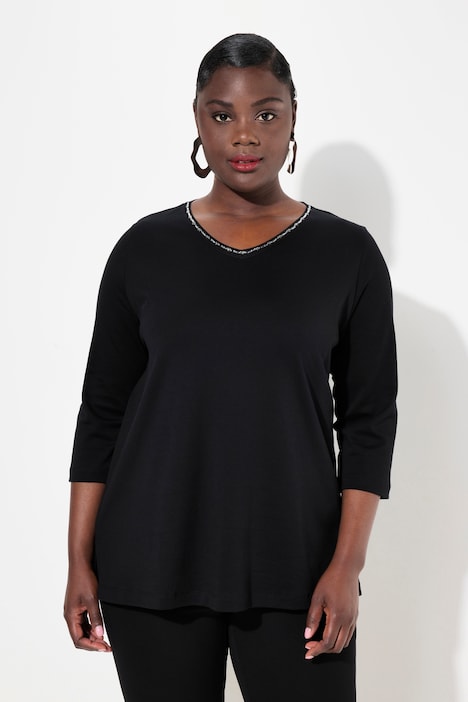 Shirt, Ziersteine, A-Linie, V-Ausschnitt, 3/4-Arm