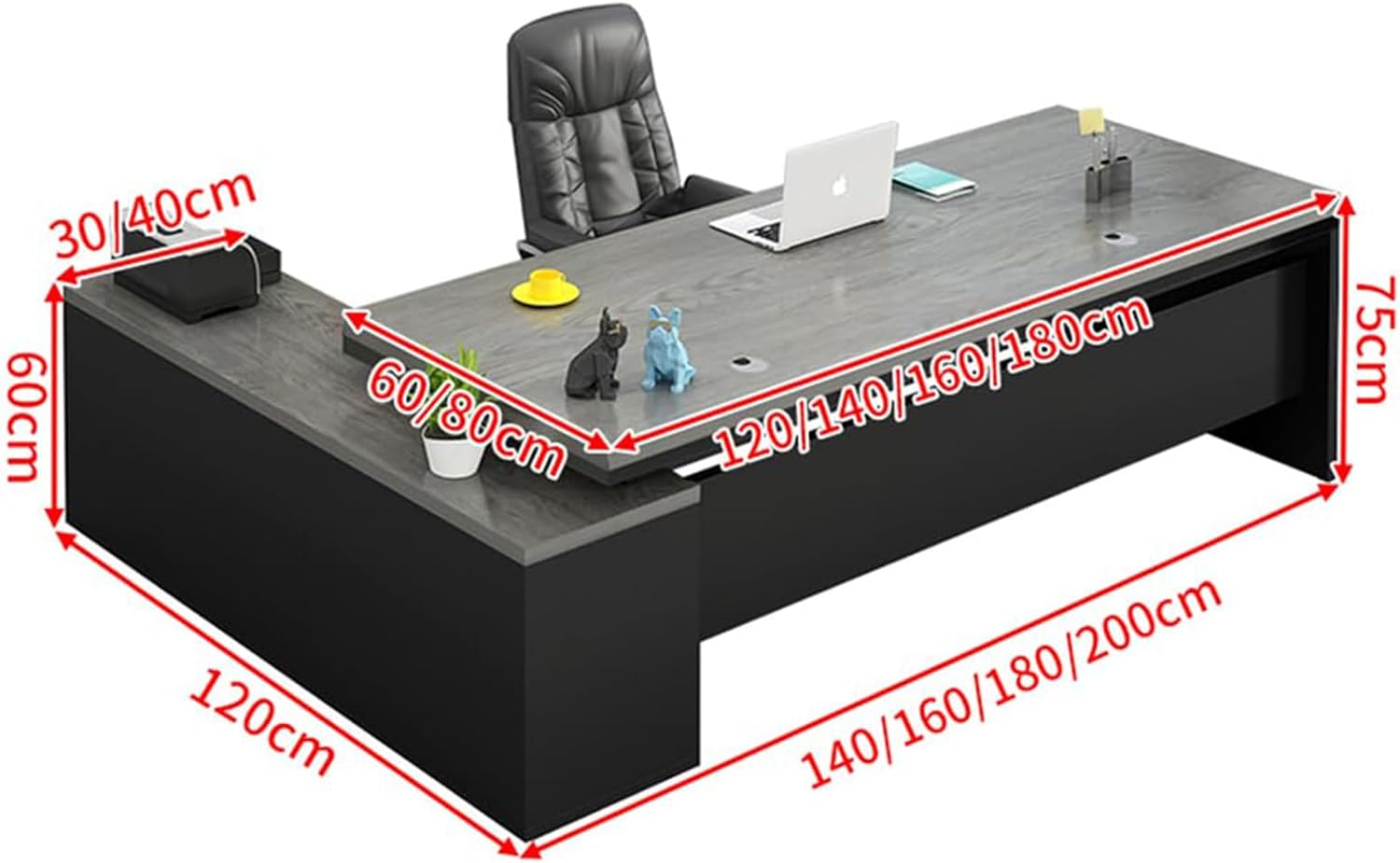 Büro-Computertisch, L-förmig, Executive, mit Holzsockel, Home-Office-Möbelset mit Schubladen und Ablageflächen, U-förmiger Schreibtisch (Grau, 180 cm L x 81 cm B x 76 cm H)