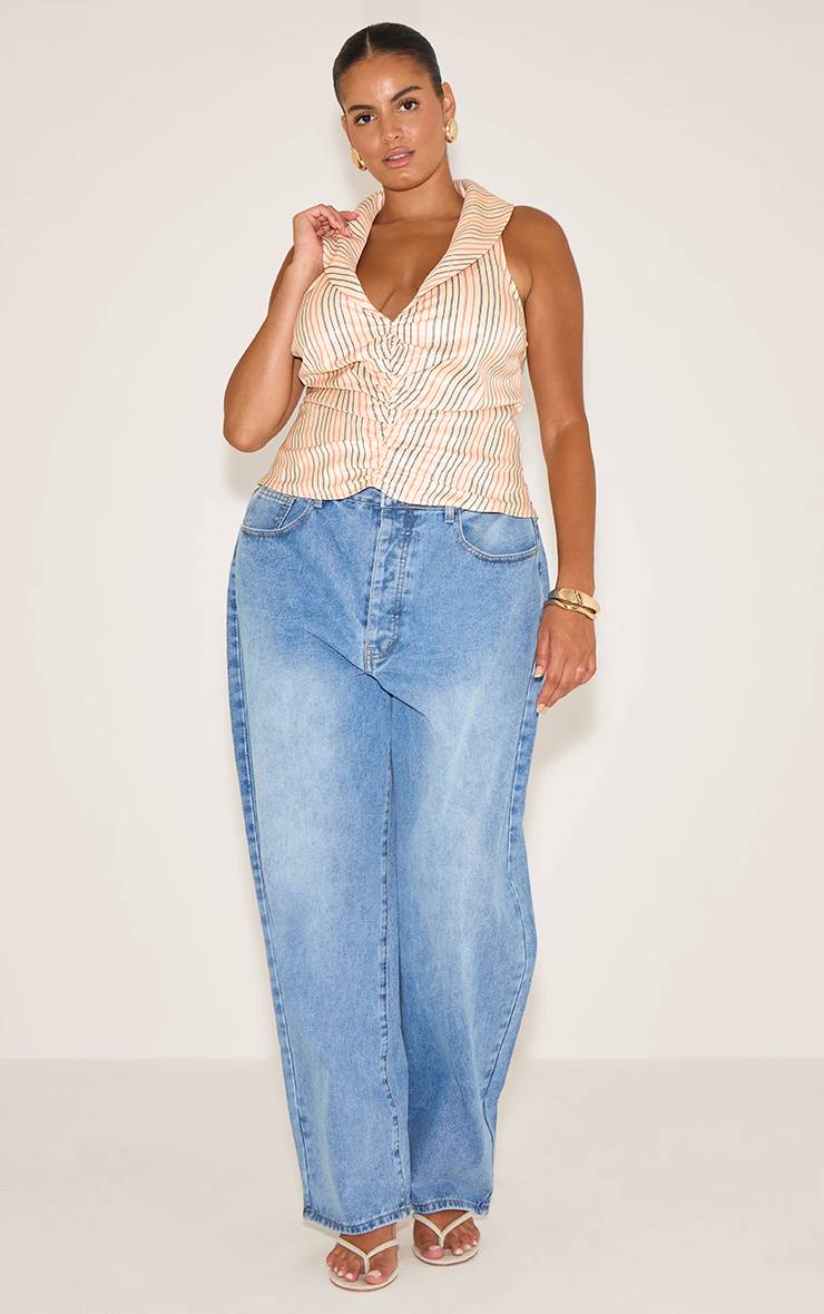 Beige Top Grande Taille Sans Manches À Rayures Plongeant Froncé