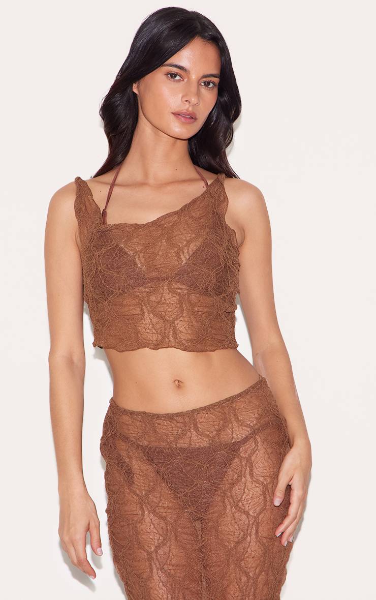Chocolat Haut De Plage Asymétrique En Mesh Texturé Avec Détail Noué