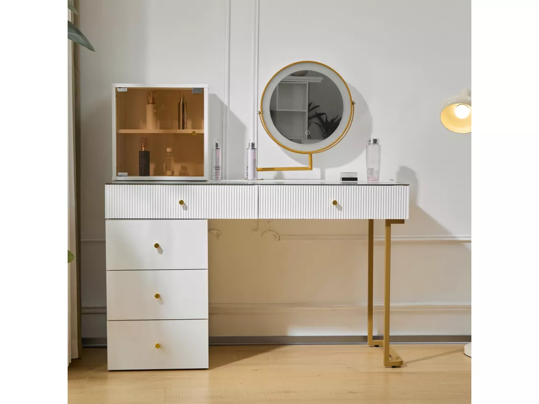 Coiffeuse avec miroir, 5 tiroirs et une porte en verre - 120 x 45 x 115 cm - Panneau de particules - LEDs - Blanc (sans tabouret)