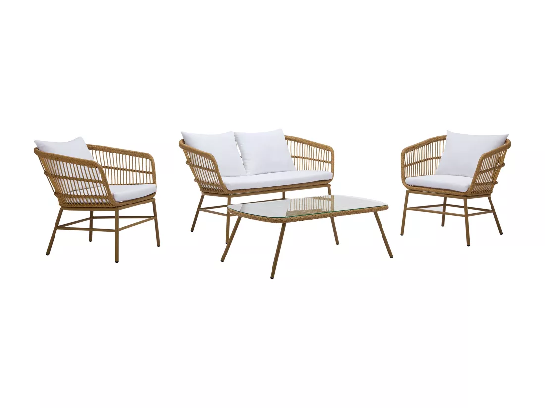Salon de jardin en résine tressée : 1 canapé 2 places, 2 fauteuils et 1 table basse - Naturel clair - LOUSINI de MYLIA