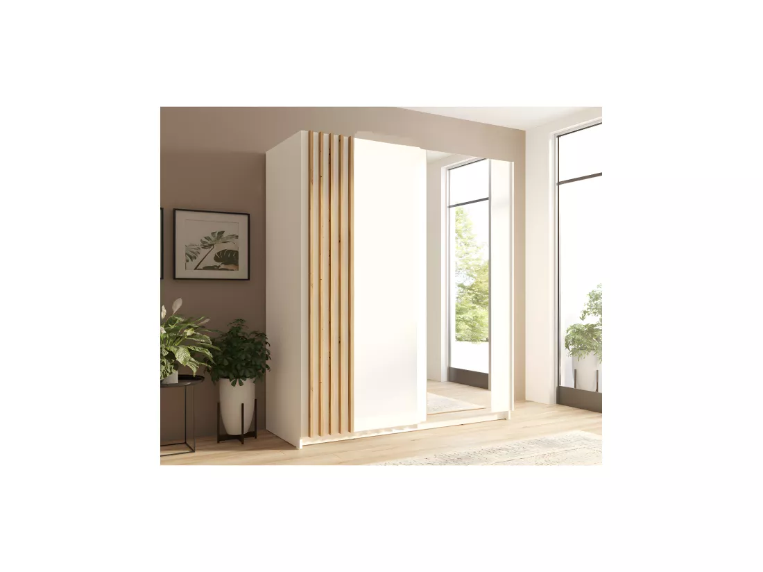 Armoire 2 portes coulissantes 150 cm- blanc et chêne - Collection VARIA