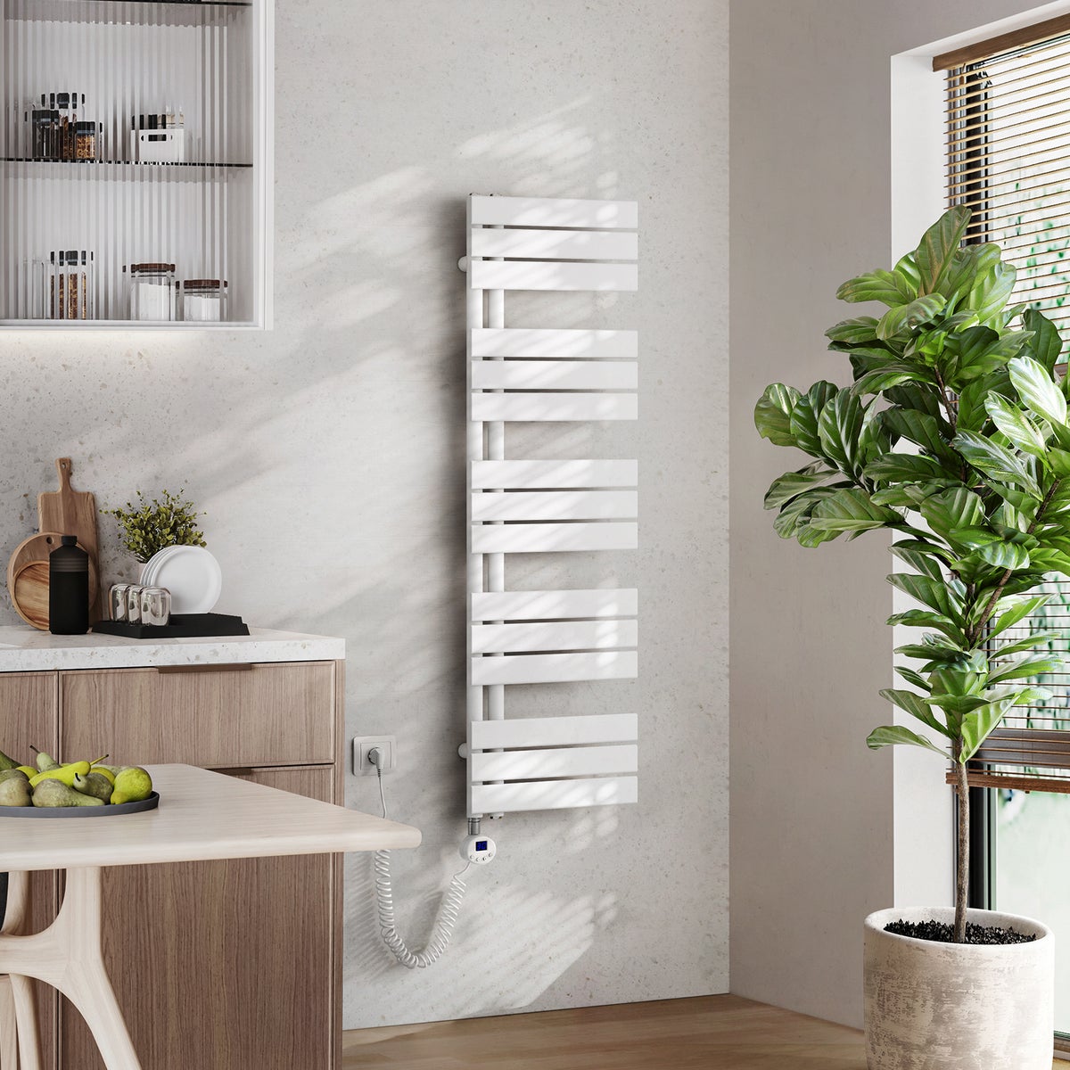 EMKE Elektrische Design Paneelradiator met Thermostaat en Timer voor Handdoekradiator, Zijdelings Open, Verticaal, 600 Watt, 40 cm x 132 cm, Wit