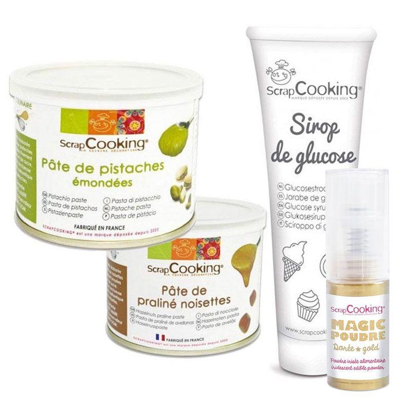 Pâte de pistache + pâte de noisette + sirop de glucose + poudre irisée
