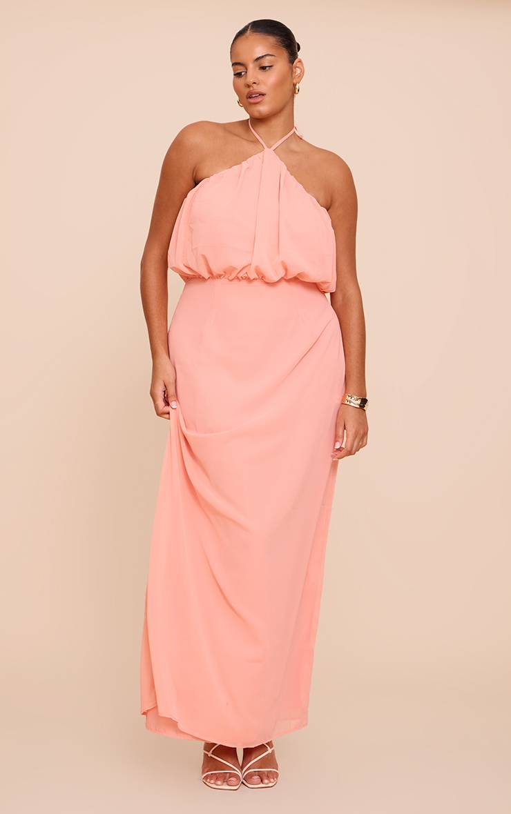 Pêche Robe Longue Grande Taille En Mousseline Col Licou
