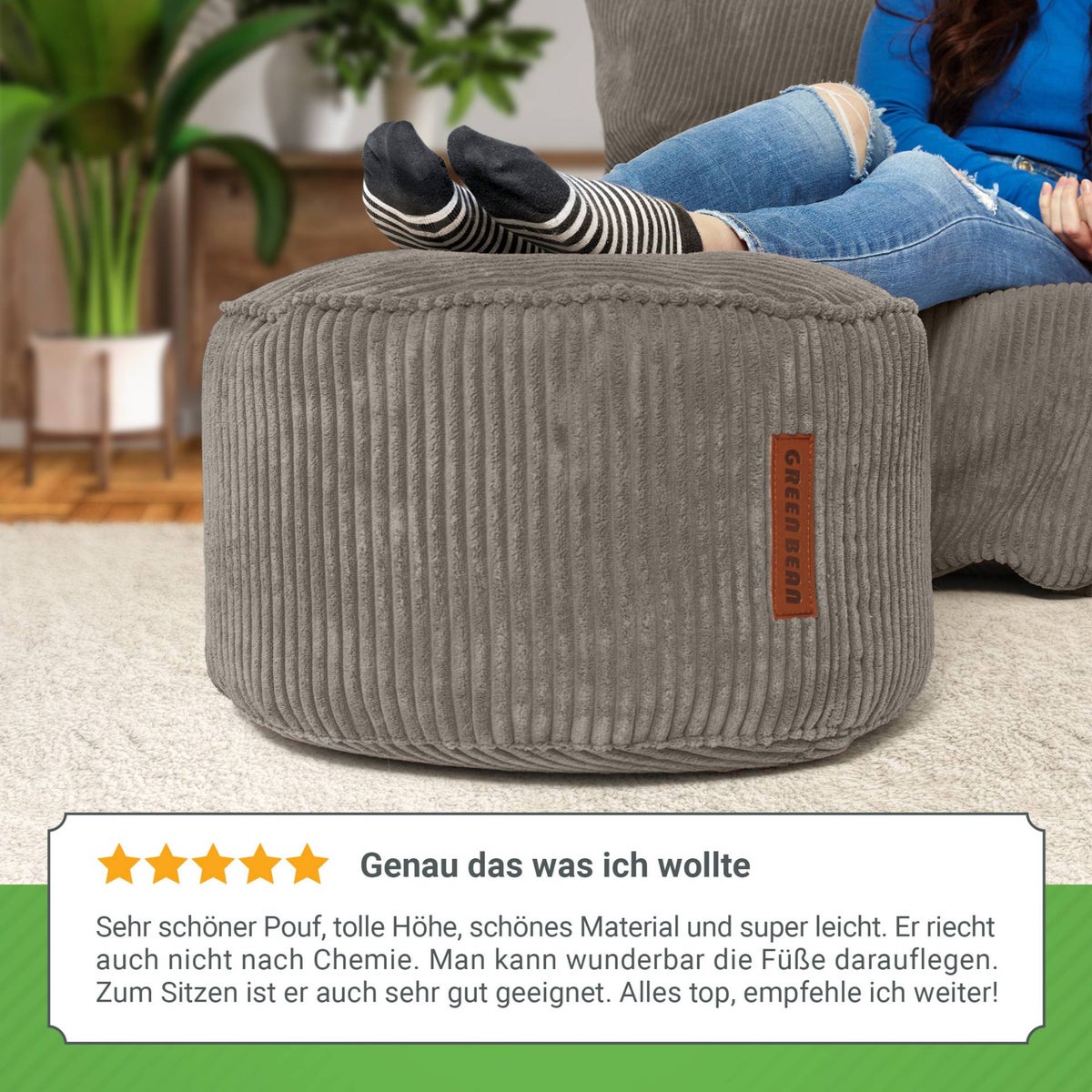Green Bean Pouf Kussen 45x25cm met EPS-korrelvulling & corduroystof, vloerkussen, ligbedkussen, zitkussen, poef, fauteuil, kinderen, volwassenen, stoffen kruk, opbergplank, antraciet