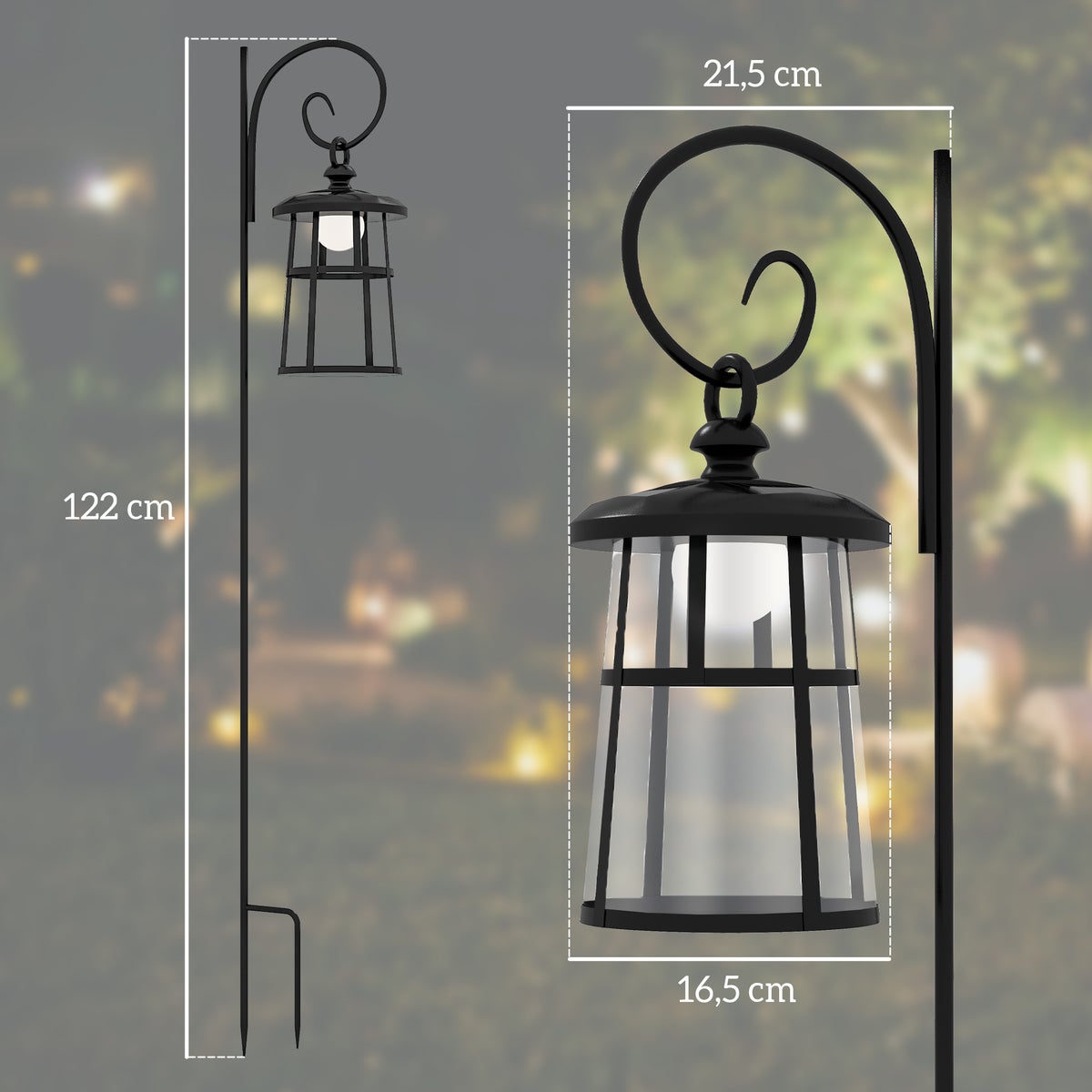 Outsunny Solar Tuinlantaarn, 122 cm LED Tuinlamp met Koel Wit Licht, Afneembare Lampbehuizing, voor Buitengebruik, Ø16 x 30H cm, Metaal, PE, Zwart