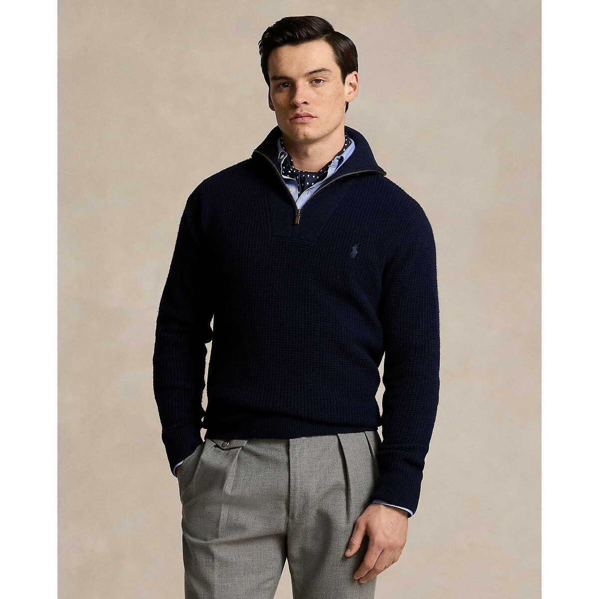 POLO RALPH LAUREN<br>Suéter com gola trucker e zíper frontal de 1/2, algodão/lã