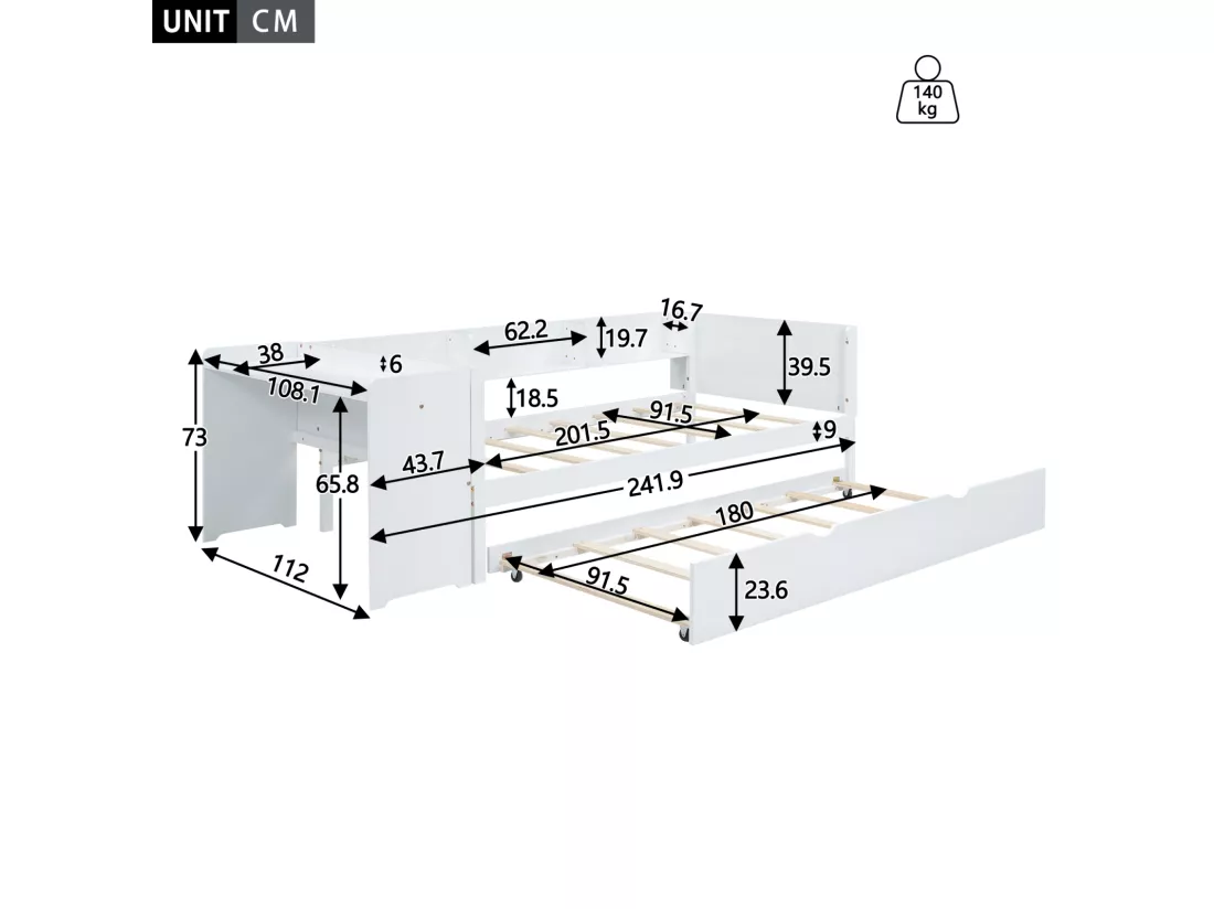 Lit gigogne 90x200cm+90x180cm, avec petit bureau, trois étagères sur le côté du lit, blanc