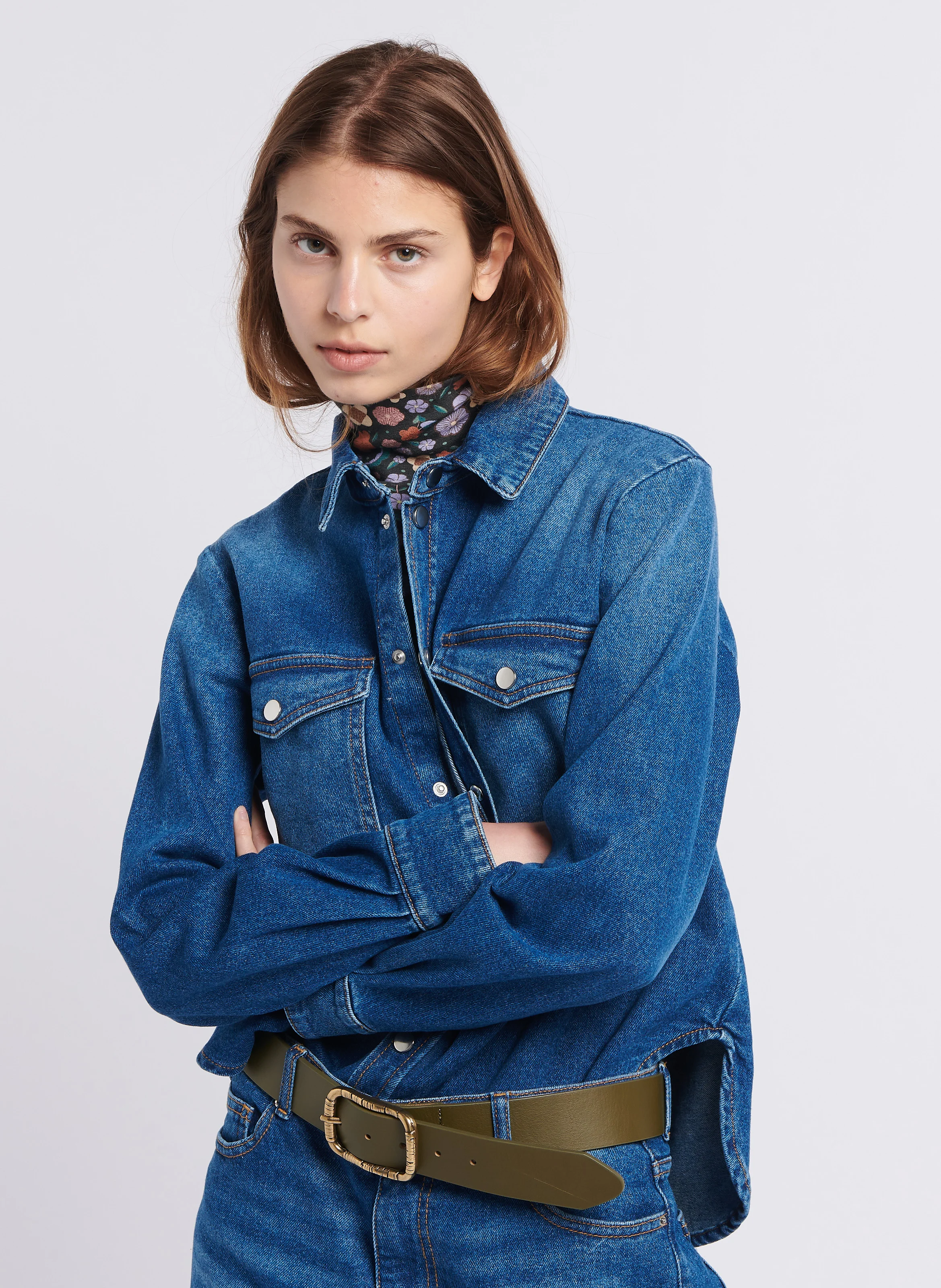TOPAZE - Chemise droite col classique en denim stretch| Bleu