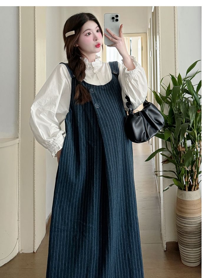 NOA - Gestreepte midi-jurk met gewassen denim en strepen / Effen blouse met ruches / Set