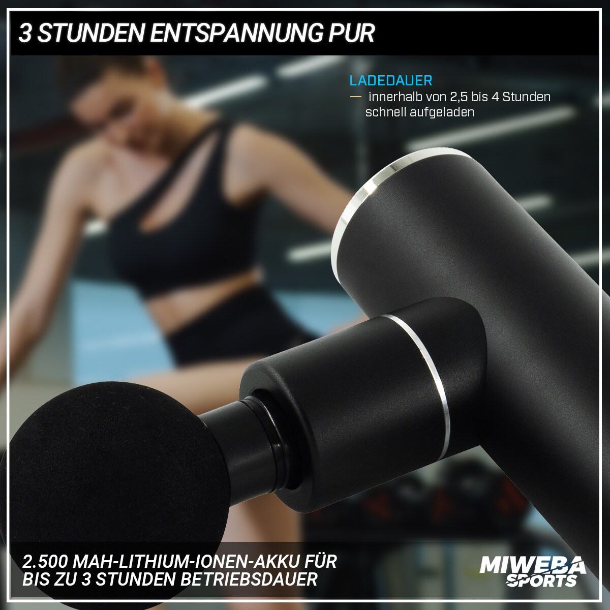 Miweba Sports Mini-Massagepistole MM10, Massage-Gun 2500 mAh, Faszien-Muskelmassage mit 4 Aufsätzen (Schwarz)