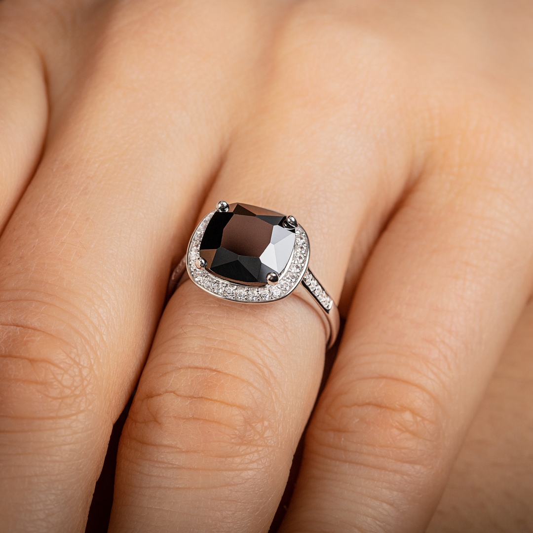 Damenring 925 Silber rhodiniert mit schwarzem Zirkonia Kissen