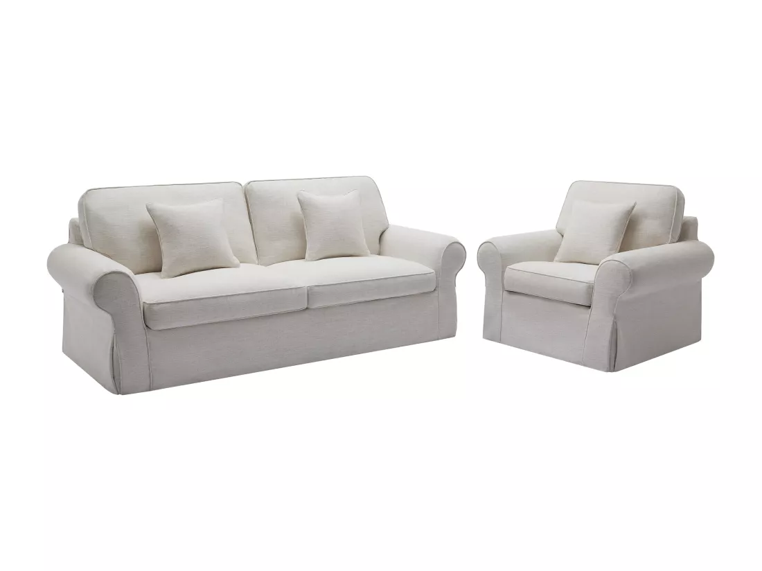 Canapé 3 places et fauteuil en lin et tissu chiné blanc ZULIPRO de Maison Céphy
