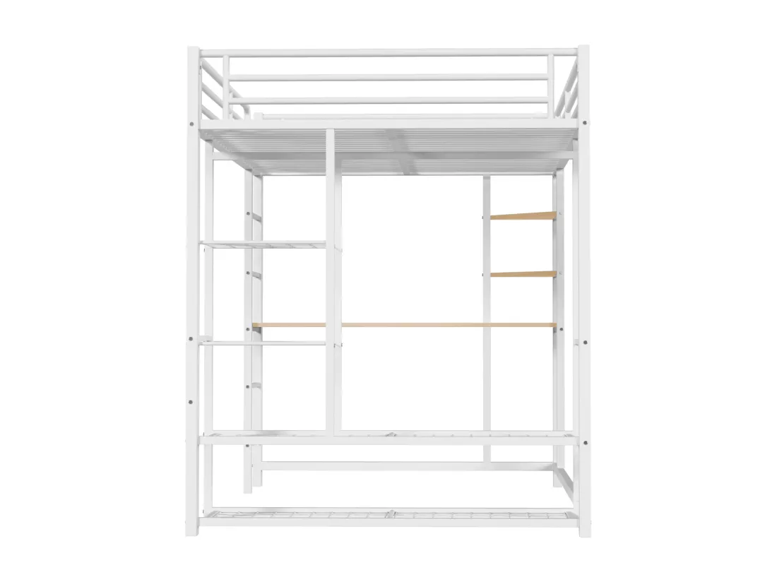 Lit mezzanine lit en fer/ lit en métal 90*200cm lit simple enfant avec compartiment de rangement table et sommier à lattes, blanc