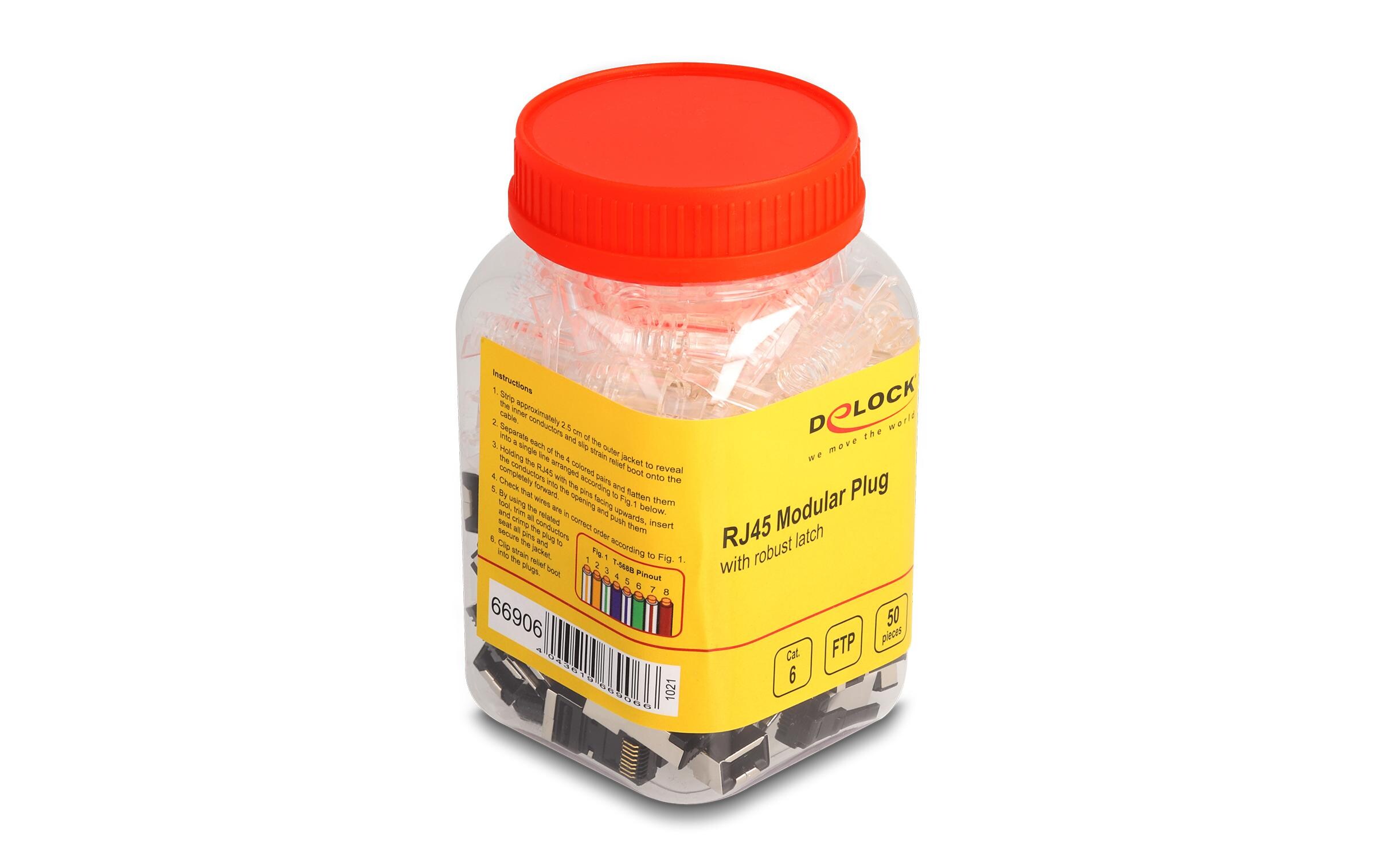 Stecker RJ45, FTP, Cat.6 50 Stück, TransparentDelock RJ45 Modularer Stecker mit robuster Rastnase Cat.6 und Knickschutztülle 50er Set