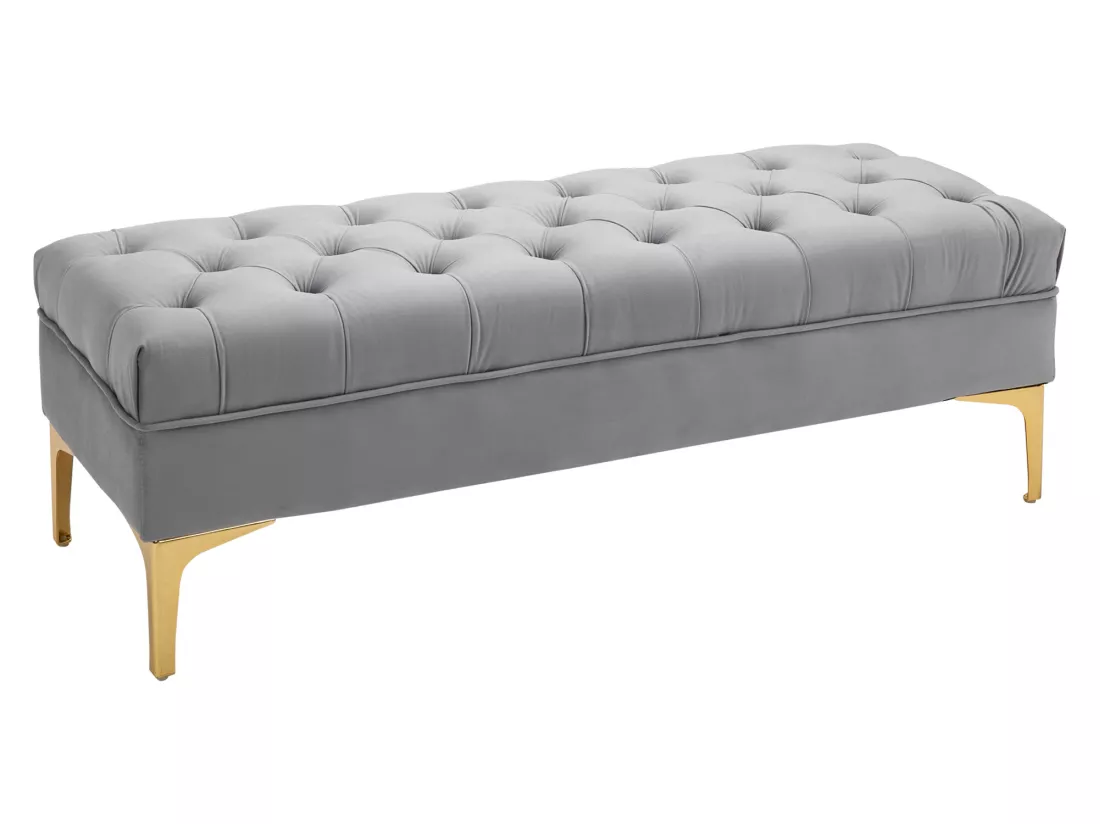 Banc banquette capitonnée style classique chic dim. 118L x 45l x 42H cm piètement métal doré velours gris clair