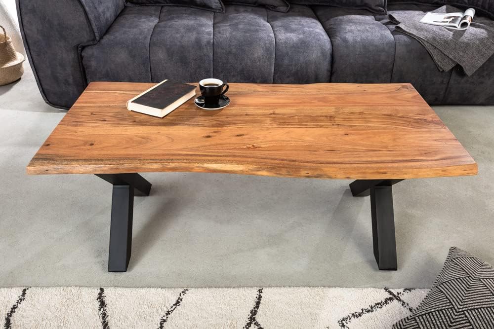 Riess Ambiente Massiver Couchtisch Mammut 120cm Akazie Natur mit X-Gestell schwarz Kaffeetisch Holztisch