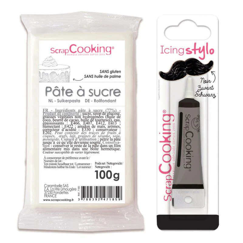 Pâte à sucre blanche 100 g + Stylo de glaçage noir Scrapcooking