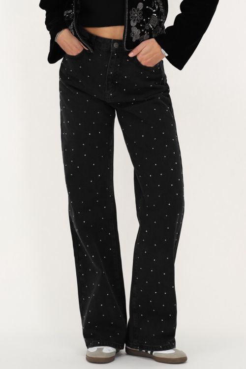 Zwarte wide leg jeans met steentjes