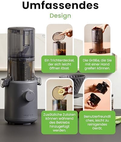 Hurom Slow Juicer | Entsafter Gemüse und Obst | H310 | Leicht zu Reinigen & Leiser Motor Elektrischer Entsafter mit Siebfilter | 150 Watt | BPA Frei | Schlankes Design | 220ml, Anthrazit