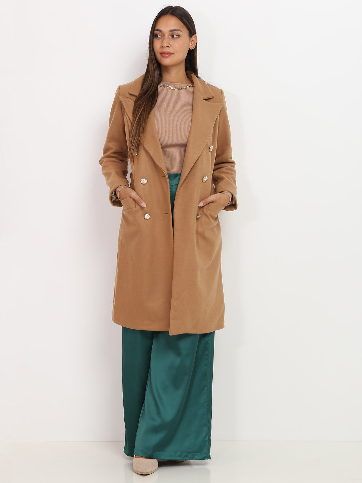Manteau ceinturé à boutons officier- Camel