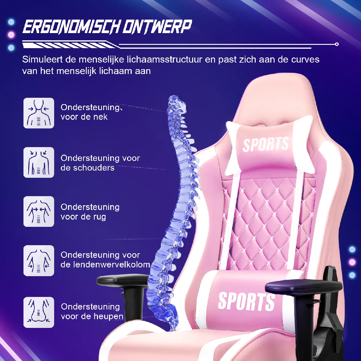 Lexzurn Chaise Gaming - Rose/Blanc