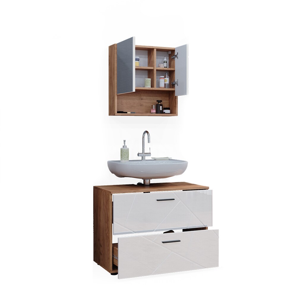 Vicco Badmöbelset Irma Eiche Weiß Hochglanz modern Badezimmerschrank Badschrank Badezimmermöbel Waschtischunterschrank Spiegelschrank Schrankschublade Schrankfach Schranktür