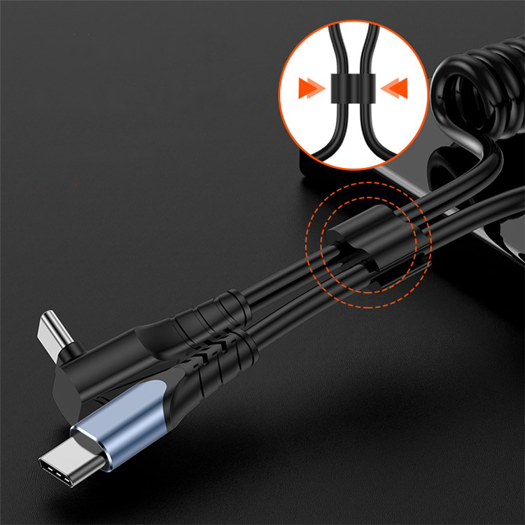 (bis 1.5m) 60W USB C auf USB C 90 Grad Winkel Spiral Ladekabel Flexibles Datenkabel - Schwarz