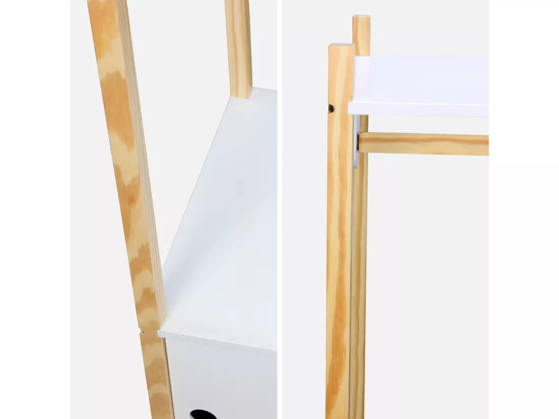 Penderie pour enfants - TOBIAS - deux portes coulissantes et portant bois massif en pin naturel blanc. 80X40X136.5CM