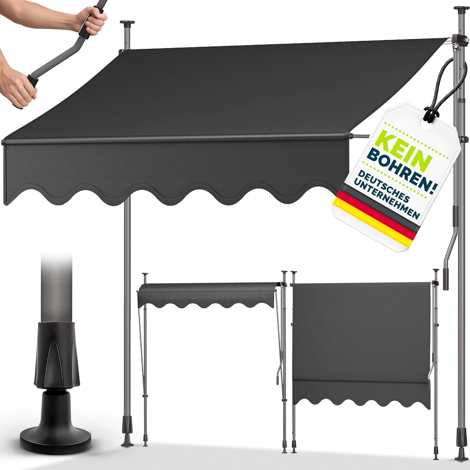 tillvex Klemmmarkise mit Handkurbel Balkon | Balkonmarkise ohne Bohren | Markise UV-beständig & höhenverstellbar | Sonnenschutz Terrasse & Garten wasserdicht (Anthrazit, 400cm)