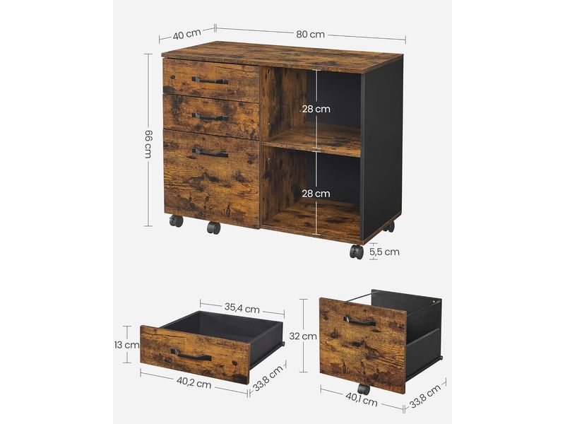 Songmics Aktenschrank mit Rollen 80 x 40 x 66 cm Mobiler Vintage Büroregal