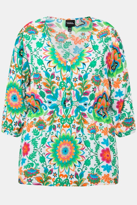 Bluse, Blüten, A-Linie, V-Ausschnitt, 3/4-Arm