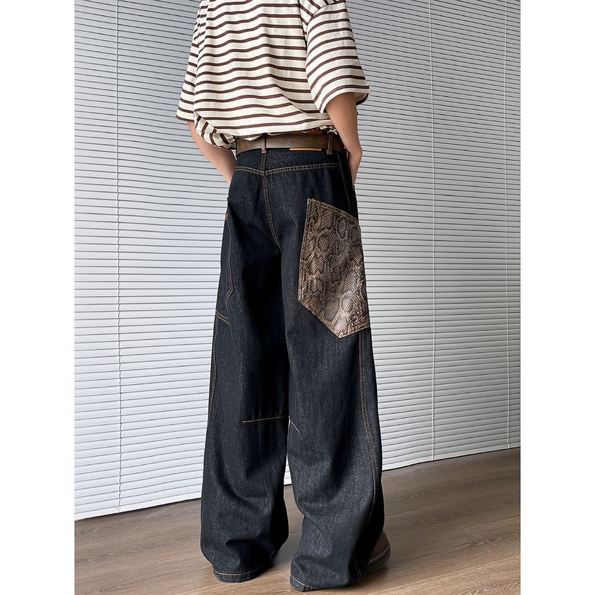 Filmas - Mid Rise Snakeskin Print Panel Washed Wide Leg Jeans