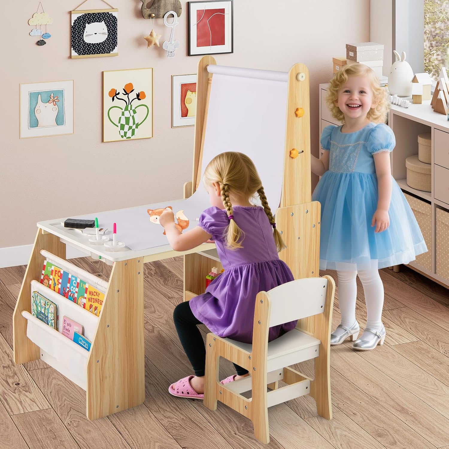 COSTWAY Kindertisch mit Stuhl & Staffelei, Kindersitzgruppe Holz mit Whiteboard & Kreidetafel & Bücherregal, Maltisch inkl. Papierrolle & Zubehör, 3 in 1 Sitzgruppe für Kinder ab 3 Jahren (Natur)