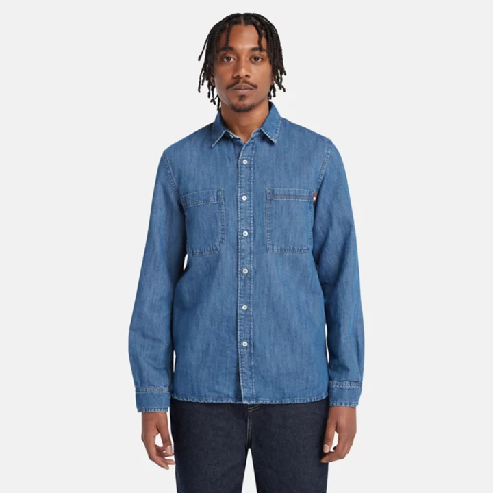 Camisa masculina Windham em algodão, cânhamo e denim na cor azul.