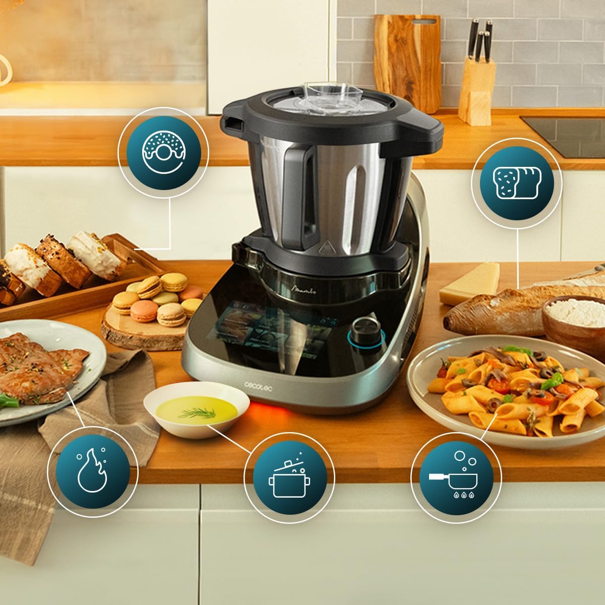 Cecotec Küchenroboter mit Lebensmittelspender Mambo CooKing Total Gourmet Essential, 2200 W, 45 Funktionen, Tausende von geführten Rezepten, 5L Unique Krug und 5L Victory Krug, Zubehör