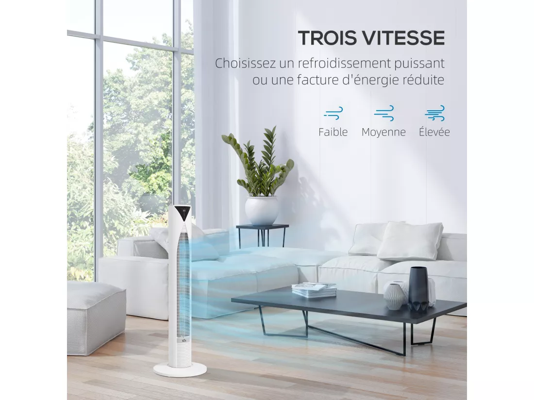 Ventilateur colonne tour oscillant 45 W silencieux télécommande incluse timer 4 modes 3 vitesses filtre blanc